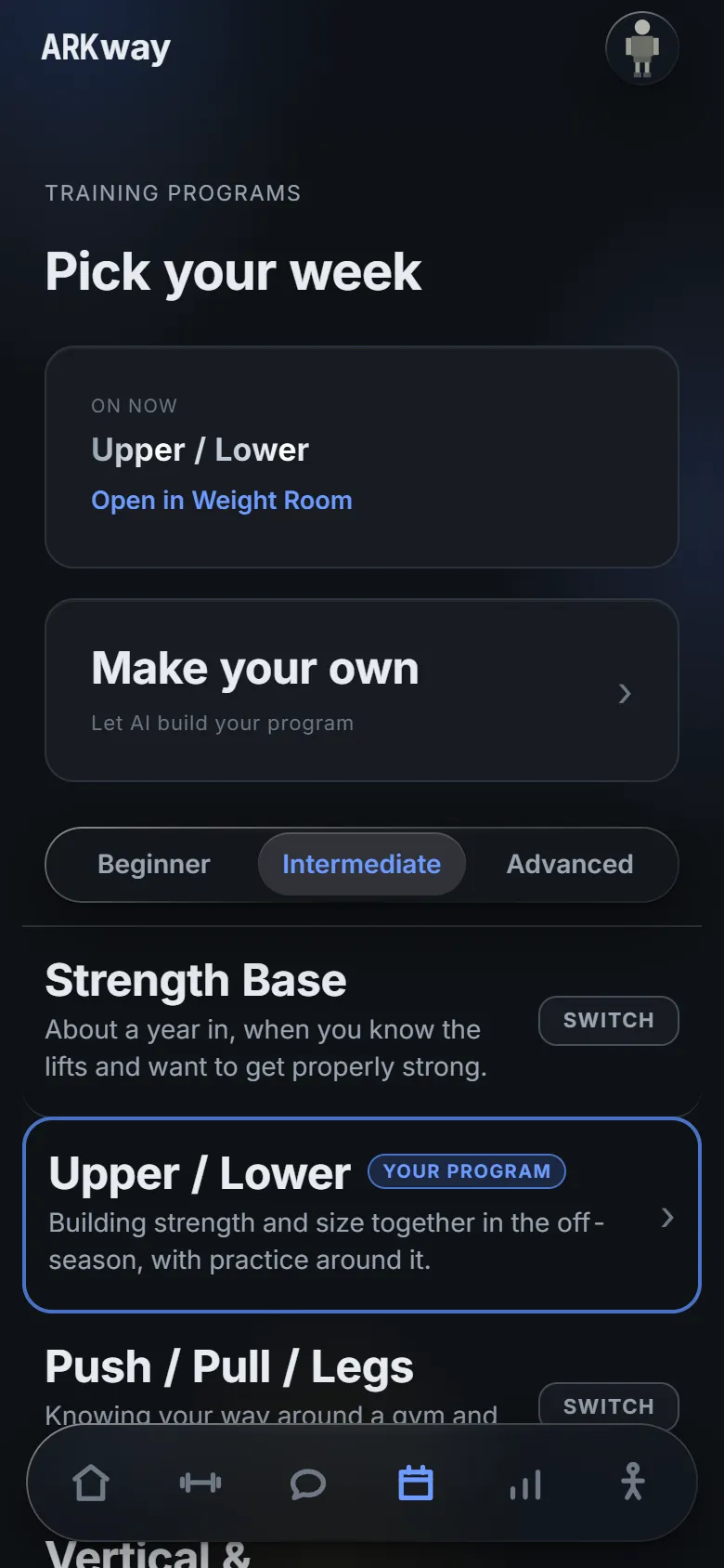Programs: the one you're on, Make your own, and the list to switch between.
