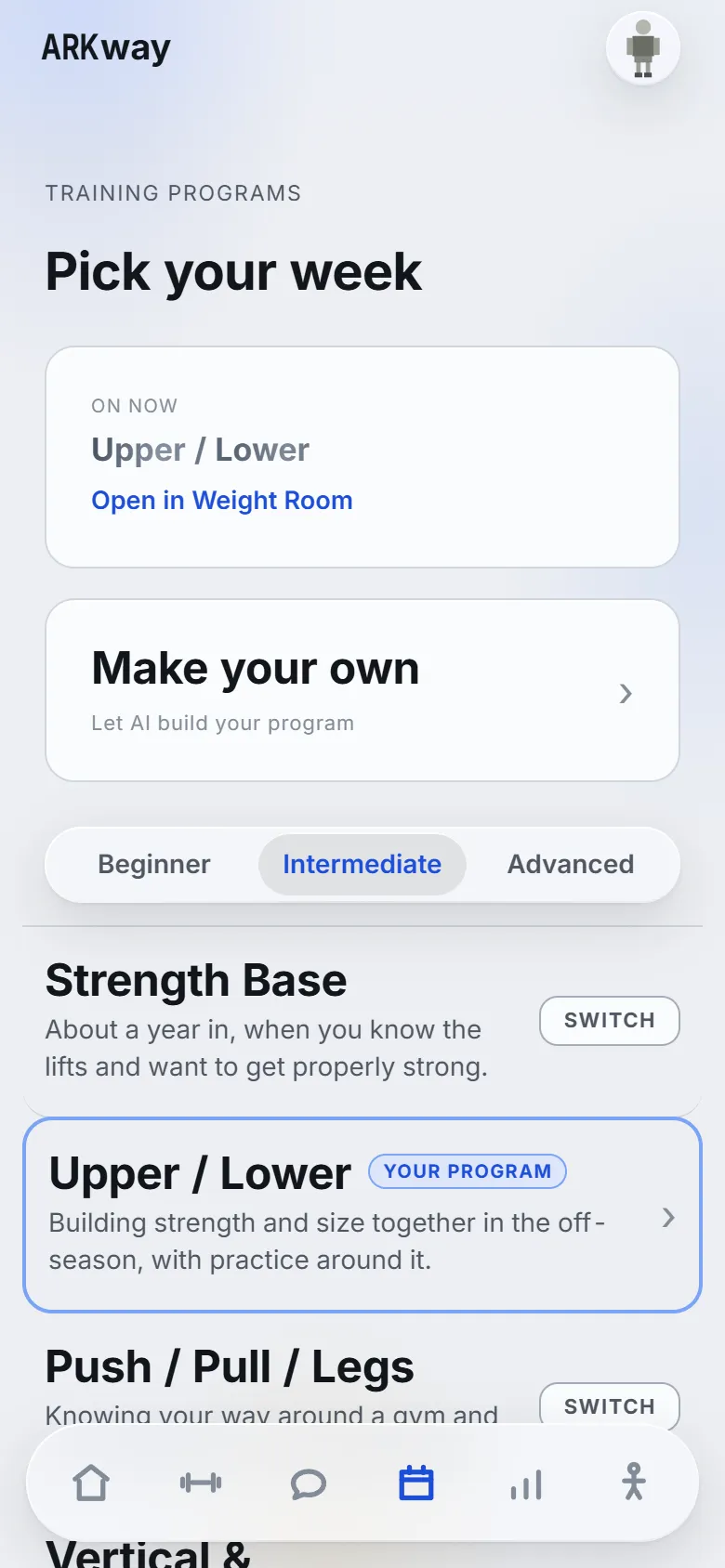 Programs: the one you're on, Make your own, and the list to switch between.